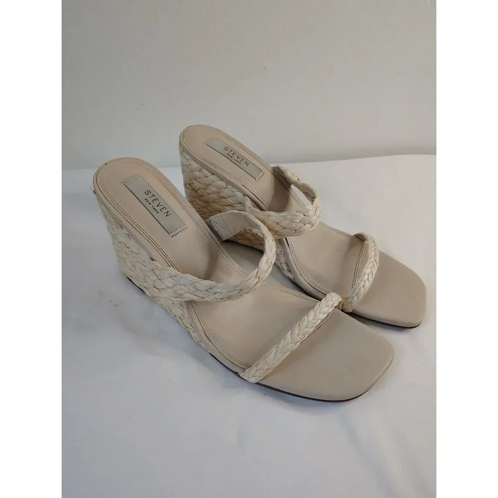 Steven New York Raffia Wedge Slide Shoes Beige Braided Sandals Women's 11M